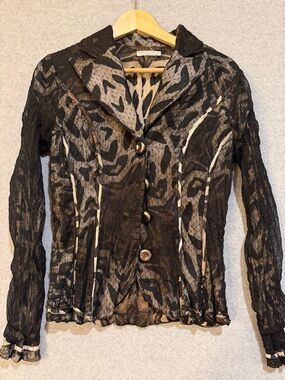 Alberto Makali Black and Taupe Animal-Print Sheer Button Down Top